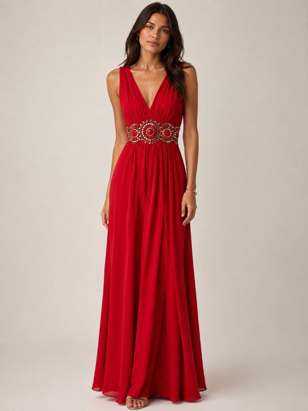 Red Beaded Maxi Dress 4 Jeweled Waist Y2K Boho Goddess Grecian Formal Glam